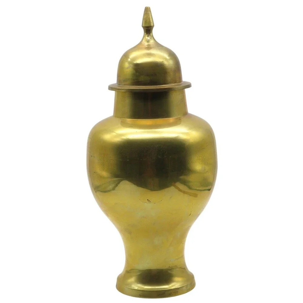 Vintage Brass Ginger Jar Urn w Lid Large Temple Jar Decorative Accent 14.5